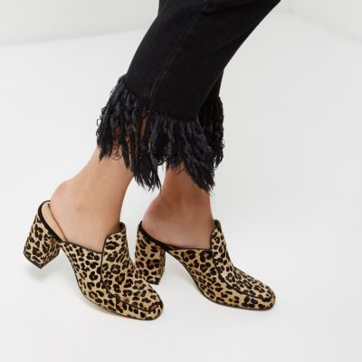 Leopard print closed toe block heel mules